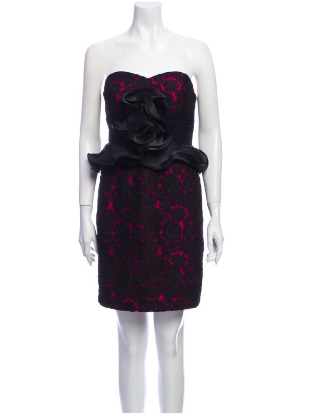 Marchesa Strapless Black Lace Dress with Magenta Underlay and Sculpted Waist